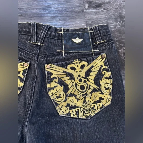 Eight 732 vintage denim embroidered baggy Y2K jeans gold blue oversized fit 36 - Picture 7 of 10